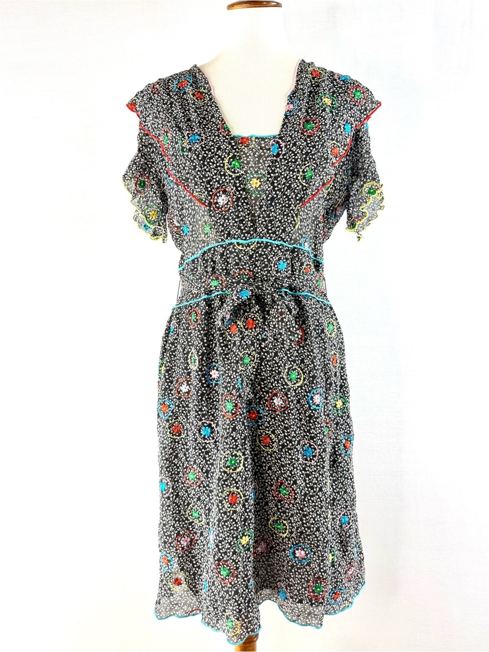 Cacharel Silk Black & White Micro-Print Embroidered Floral Midi Dress